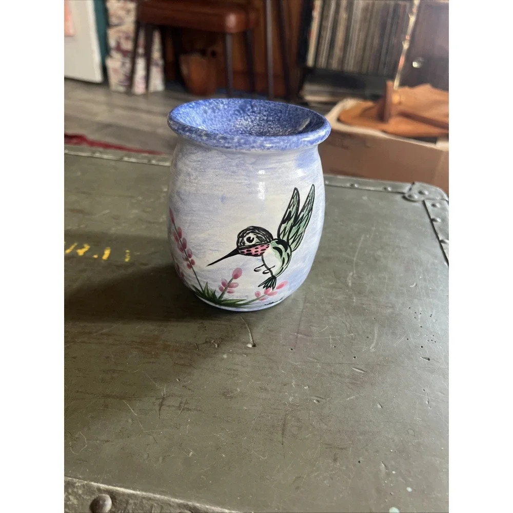 Nola Watkins Collection Hand Painted Pottery Hummingbird Candle Holder~ SIGNED